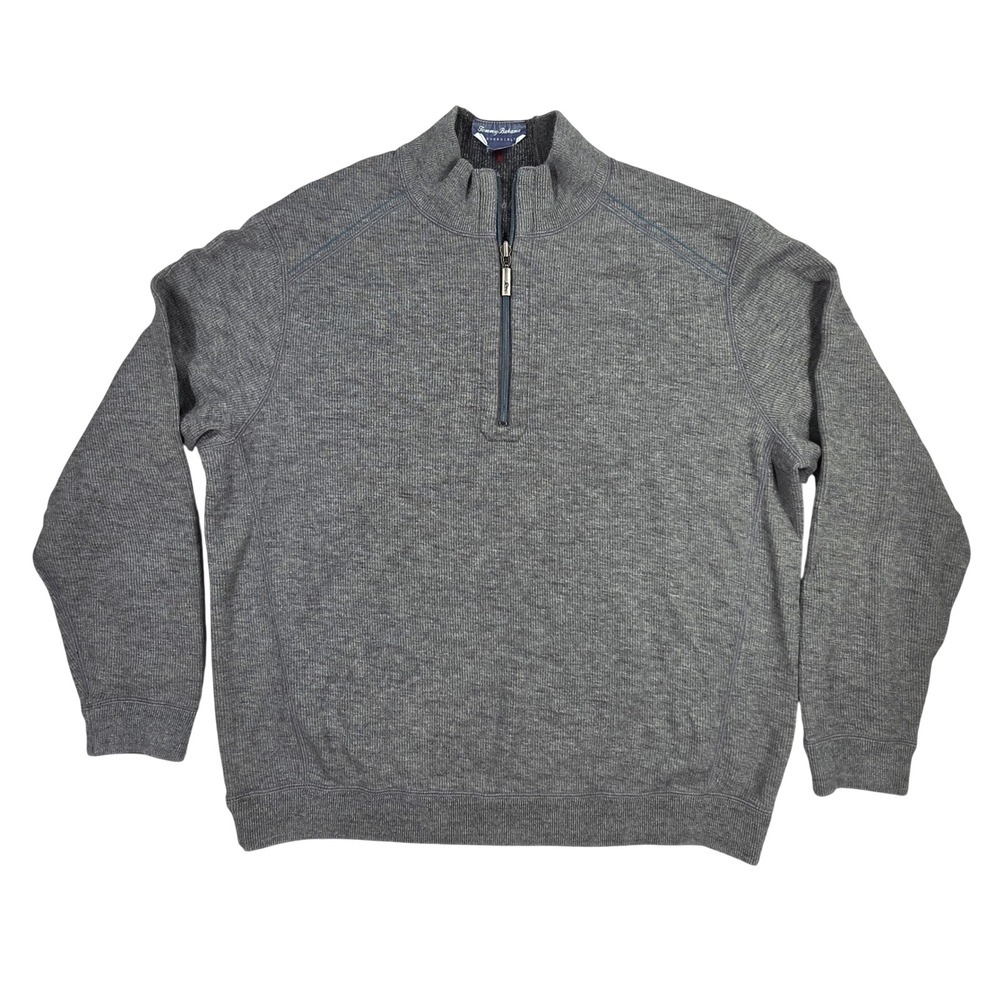 Tommy Bahama Reversible Quarter Zip Pullover Gray Cotton Tencel XL Mens Sweater